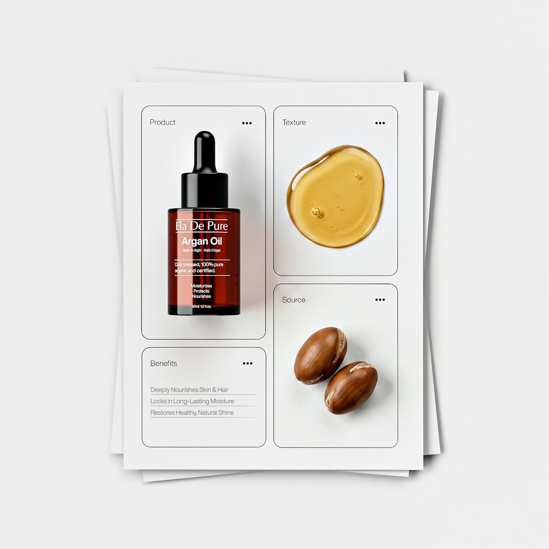 Argan oil product display with bottle, oil drop, and nuts.